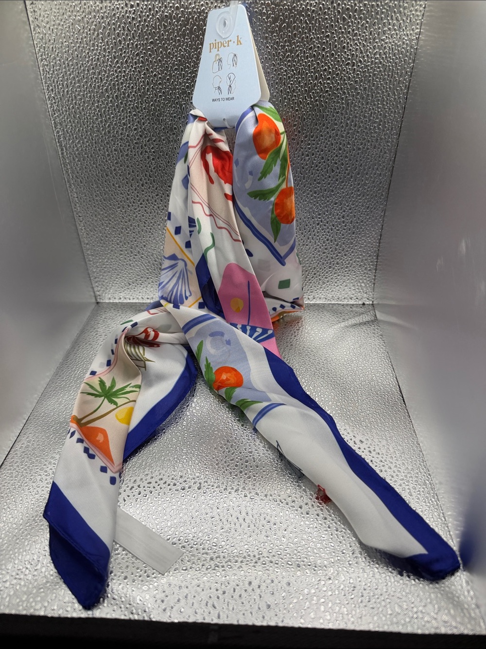 Piper-k White Multicolor Floral & Fruit Silk-Feel Scarf with Blue Trim